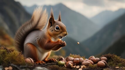Red squirrel eating nut in mountain landscape