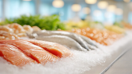 Fresh fish on ice displayed in market, symbolizing food, freshness and commerce, with retail background and wide copy space.