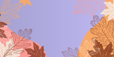 Horizontal autumn banner with detailed leaf illustrations and an abstract shape in a warm color palette. Modern vector illustration is for web banners, social media headers, promotions, and sales