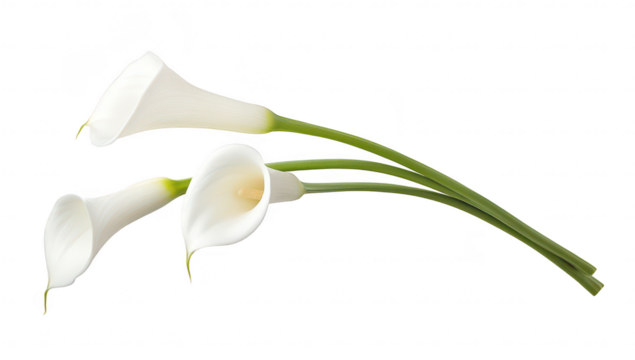 Elegant arrangement of three white calla lilies with smooth petals and green stems. set against a clean white background. ideal for floral design. wedding themes. and nature-inspired decor