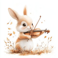 Adorable Tan Bunny Playing Violin in Autumn Field
