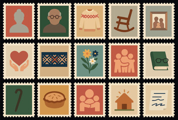 Estonia Grandparents Icon Stamp Set with Cozy Home and Family Life Symbols
