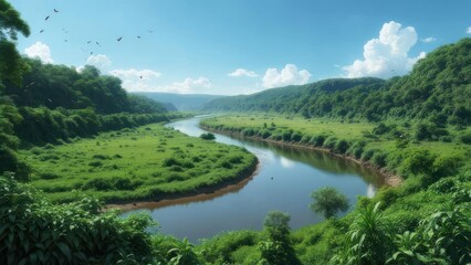 Fototapeta premium River flowing through lush green valley landscape