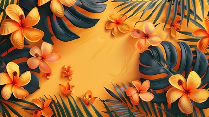 Tropical flowers and leaves on an orange background