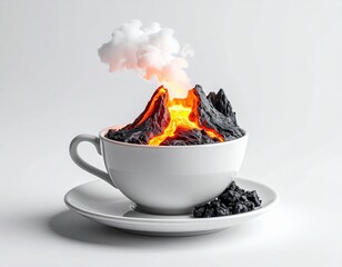 A teacup with a miniature volcano inside, glowing lava flowing gently, smoke rising softly, surreal and artistic, isolated on plain white background