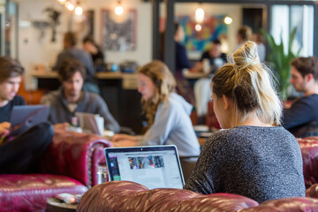 Fototapeta premium Young people working on laptops in a modern coworking space