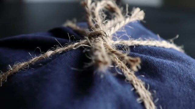 Wrapped package tied with jute string on navy fabric, close up shot.