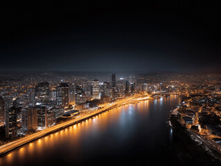 Fototapeta premium A stunning nighttime cityscape featuring illuminated skyscrapers and a river reflecting the bright city lights. Perfect for urban development, travel, and technology concepts.