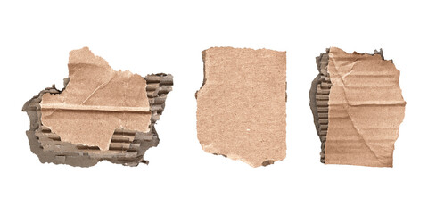 torn corrugated cardboard pieces set, png on transparent background
