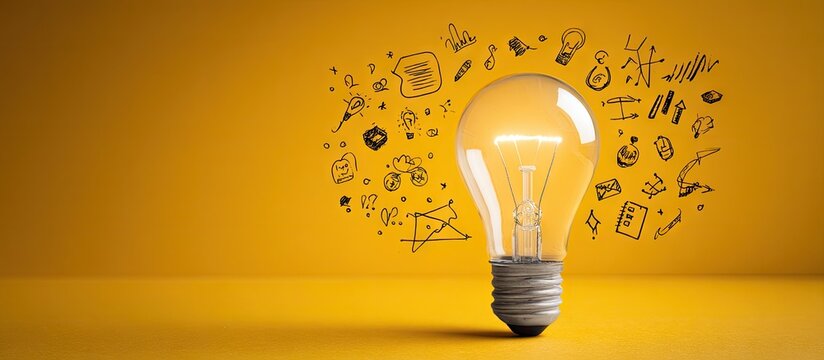Glowing light bulb with hand drawn icons symbolizing ideas and innovation on a yellow background. - Powered by Adobe