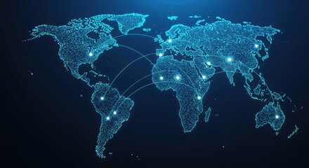 Elegant holographic world outline, glowing points linked by shimmering digital threads, futuristic corporate concept.