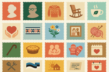 Estonia Grandparents Icon Stamp Set with Cozy Home and Family Life Symbols
