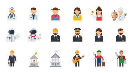 Fototapeta premium Collection of diverse profession icons, including doctors, astronauts, farmers, and more.