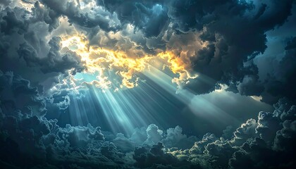 Dramatic sky with sunbeams piercing dark clouds
