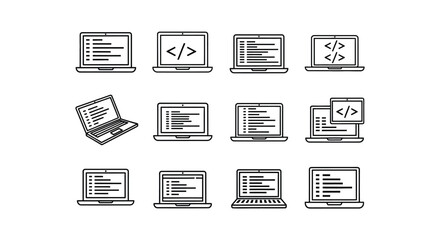 Hand drawn laptop icons representing coding and programming concepts in a grid layout vector