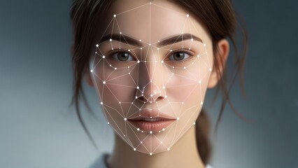 Close-up of a woman's face with a superimposed facial recognition grid