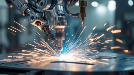 Robotic arms welding metal, sparks flying
