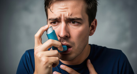 Young man with asthma inhaler, showing signs of distress while experiencing breathing difficulties, emphasizing the importance of respiratory health and awareness in daily life