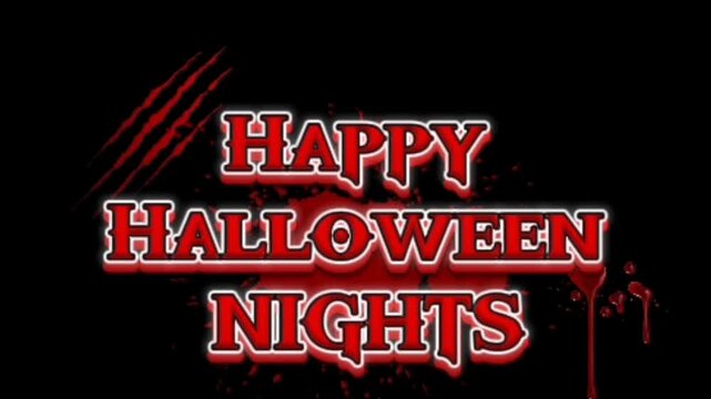 Happy Halloween Nights spooky text animation with glowing back print effect.