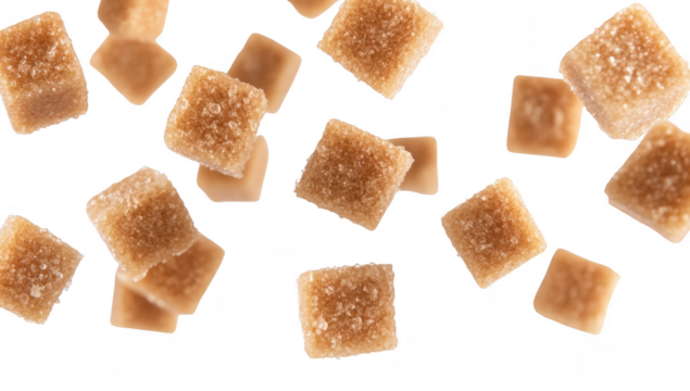 A dynamic scene floating brown sugar cubes against a white background. emphasizing their texture and color. ideal for culinary or food-related projects