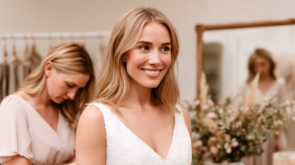 Beautiful bride trying on bohemian lace wedding dress in bridal salon. Two friends in pastel dresses help with fitting while woman smiles at mirror surrounded by eucalyptus flowers.