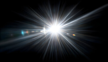 Obraz premium White Light Rays Lens Flare on Black Background, Radial Energy Beams, Abstract Dynamic Glow Effect Animation background