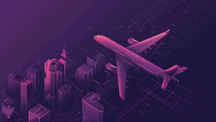 Isometric illustration of a passenger airplane taking off from a city airport at dusk, with a stylized depiction of urban infrastructure and technological connections