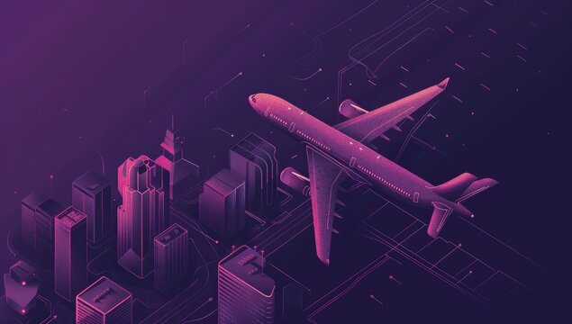 Isometric illustration of a passenger airplane taking off from a city airport at dusk, with a stylized depiction of urban infrastructure and technological connections