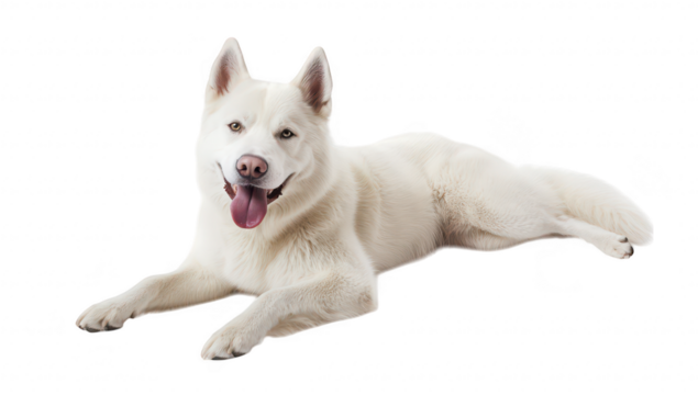 A playful white dog lies comfortably on a clean surface. its fluffy fur and joyful expression. with a bright and simple background enhancing its cheerful demeanor