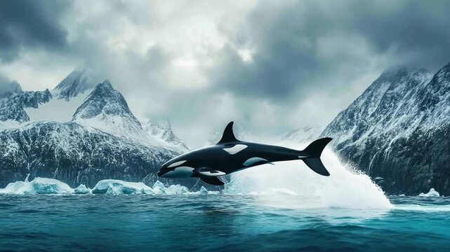 Killer whale leaps from frigid water with snow-capped mountains and cloudy sky background