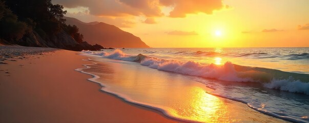 A tranquil beach at sunset, bathed in warm golden light Gentle waves lap the shore, creating a peaceful and serene atmosphere Perfect for travel, relaxation, and vacation themes , clouds, idyllic