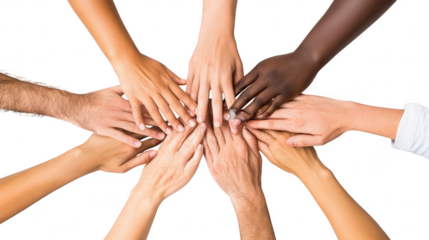 A diverse group of hands coming together on a white surface. symbolizing unity and collaboration. with various skin tones and hand gestures. ideal for teamwork and community themes
