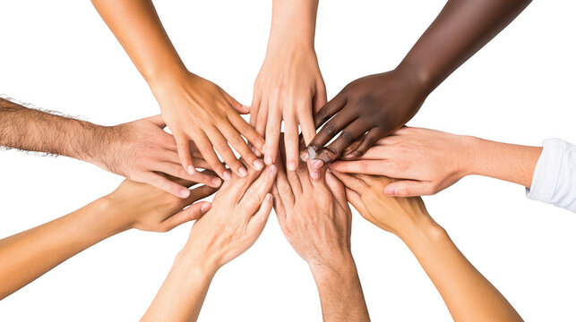 A diverse group of hands coming together on a white surface. symbolizing unity and collaboration. with various skin tones and hand gestures. ideal for teamwork and community themes