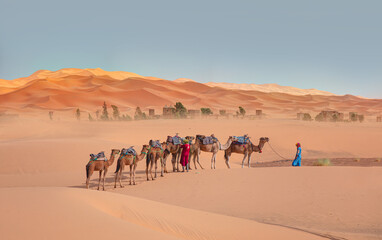 General view of the Merzouga hotels district - Merzouga, Sahara, Morocco