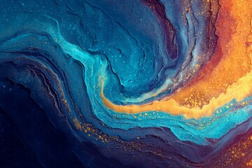A mesmerizing abstract painting, featuring deep blues, turquoise, and gold, creates a layered, flowing effect, evoking a sense of depth and movement.
