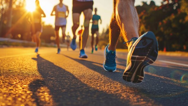 Runners' legs and shoes in focus, others blurred, road race at sunset