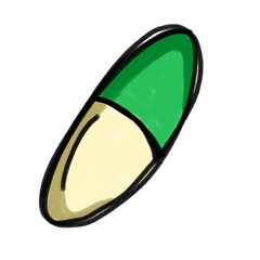 Capsule-shaped pill with green and beige colors, hand drawn style