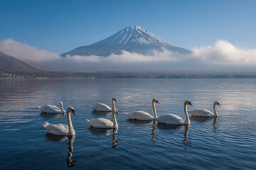 Swans glide on tranquil lake, Fujiyama in background