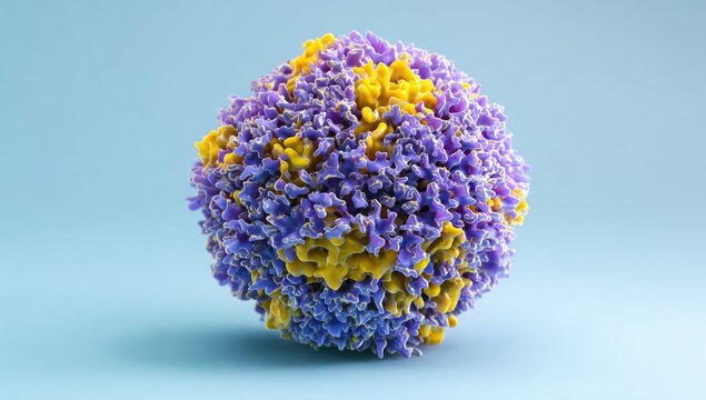Abstract 3D rendering of a virus particle showing detailed molecular structure for science and health concepts.