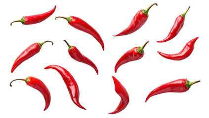 A arrangement of fresh red chili peppers scattered artistically on a clean white background. ideal for culinary themes. food blogs. or spice-related content