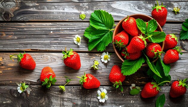 Fresh strawberries in a bowl on a rustic wooden table