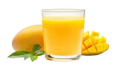 A refreshing glass of orange mango juice sits beside a whole mango and diced mango pieces on a clean white background. perfect for summer drinks or healthy lifestyle promotions