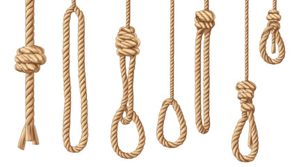A collection of various rope knots displayed against a clean white background. different tying techniques and styles. suitable for instructional or decorative purposes