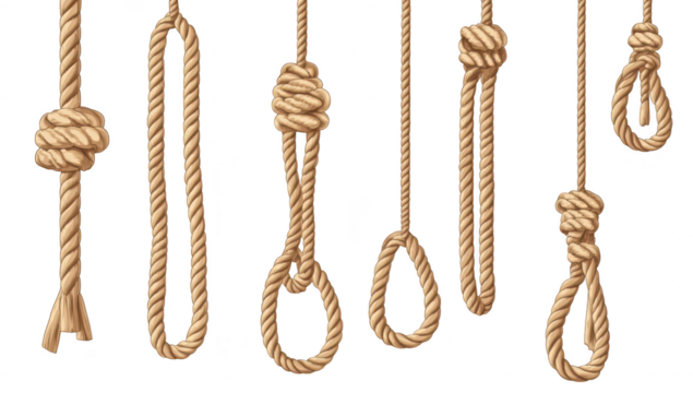 A collection of various rope knots displayed against a clean white background. different tying techniques and styles. suitable for instructional or decorative purposes