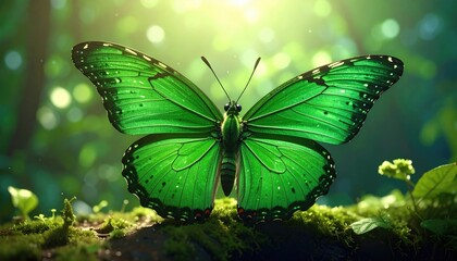 Emerald Green Butterfly Resting on Moss in a Sunlit Forest, Pixelated Texture, Close Up View, Bright Ambient Light