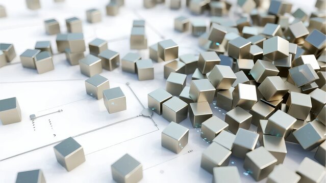 Metallic cubes scattered over a technical blueprint, suggesting design or engineering concepts.