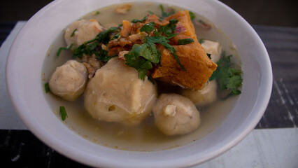 Indonesian Meatball Soup Bakso with Tofu and Fried Shallots