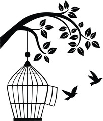 Birds Flying from an Open Cage Silhouette – A Symbol of Freedom