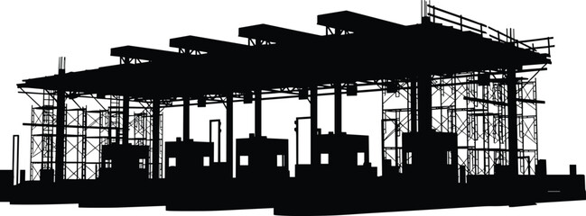 silhouette, toll, plaza, checkpoint, booth, canopy, lane, column, scaffold, structure, architecture, vector, black, icon, design, industrial, engineering, project, infrastructure, transport © Maisa