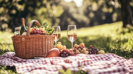 Picnic basket with grapes and wine glasses on a checkered blanket outdoors.